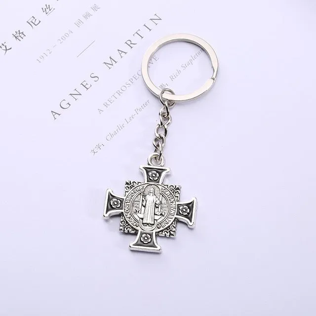 10pcs/lot Saint Jesus Christ Cross Pendant Keychain Keyring For Keys Chain Ring Holder Women Men's Purse Charms Jewelry on a Bag