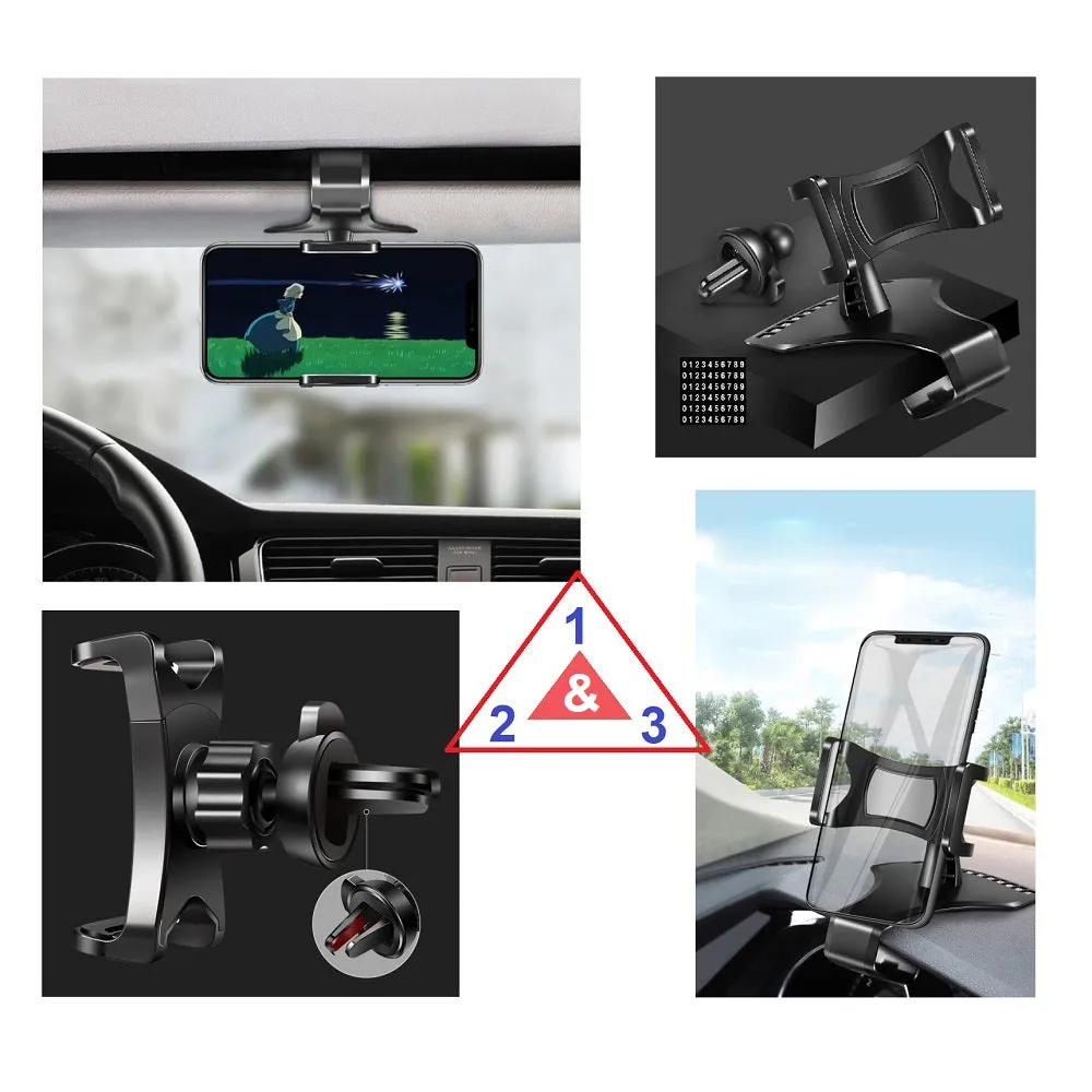3 in 1 Car GPS Smartphone Holder: Dashboard / Visor Clamp   AC Grid Clip for Alcatel One Touch Idol 2 Mini - Black
