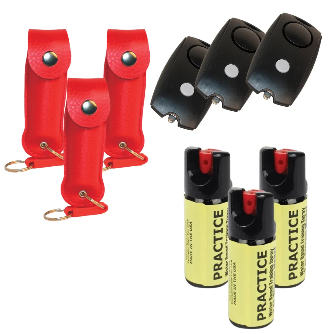 3 Pepper Spray Keychains PLUS 3 Training Sprays PLUS 3 Personal Alarms