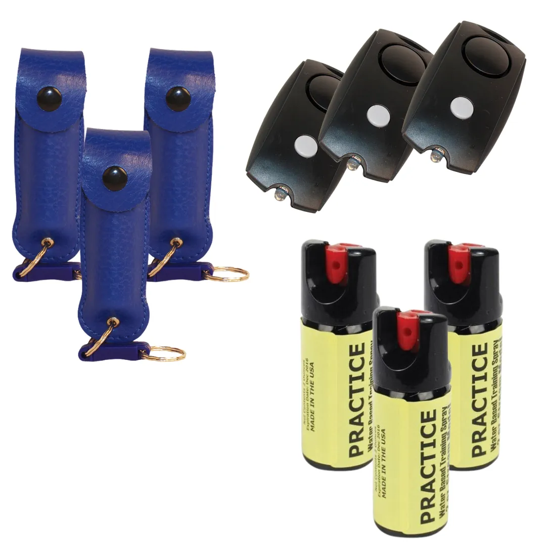 3 Pepper Spray Keychains PLUS 3 Training Sprays PLUS 3 Personal Alarms