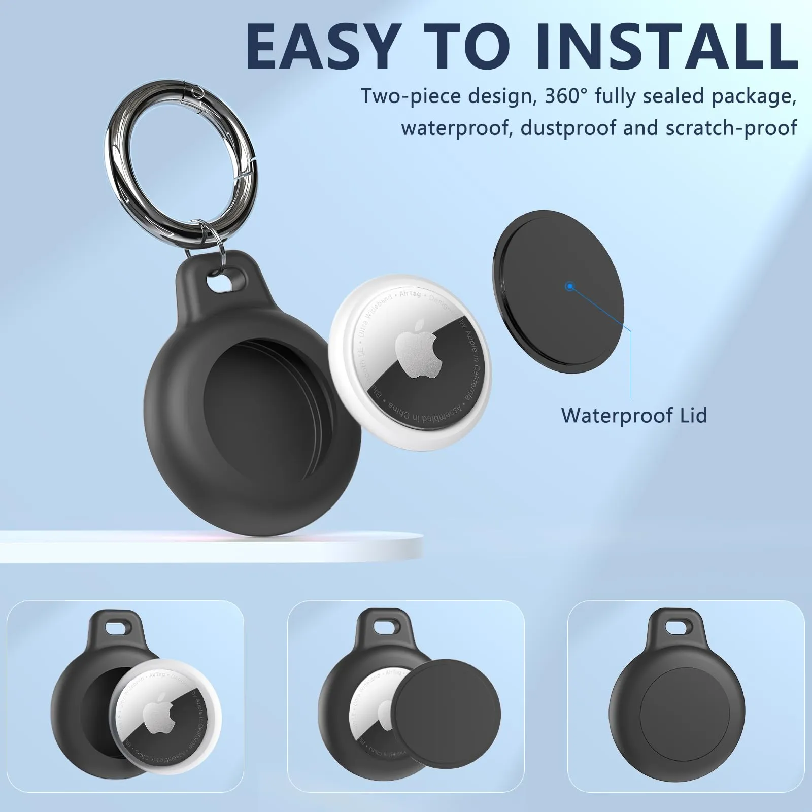 (4-Pack) IPX8 Waterproof AirTag Keychain Holders for Apple AirTag, with Silicone Air Tag Case, Key Ring, Chain, and Compatibility with GPS Item Finders - Essential Accessory