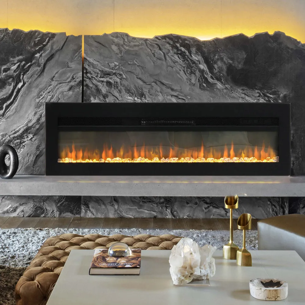 70'' 80" Electric Fireplace Wall Mounted Recessed Into Fire 9 Fuel Bed Color