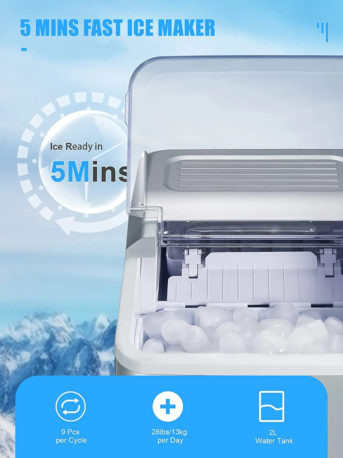 AICOOK 2L Ice Maker Countertop, 9 Ice Cubes in 5 mins, Portable Ice Maker Machine with LED Display, Ice Scoop and Basket, Silver