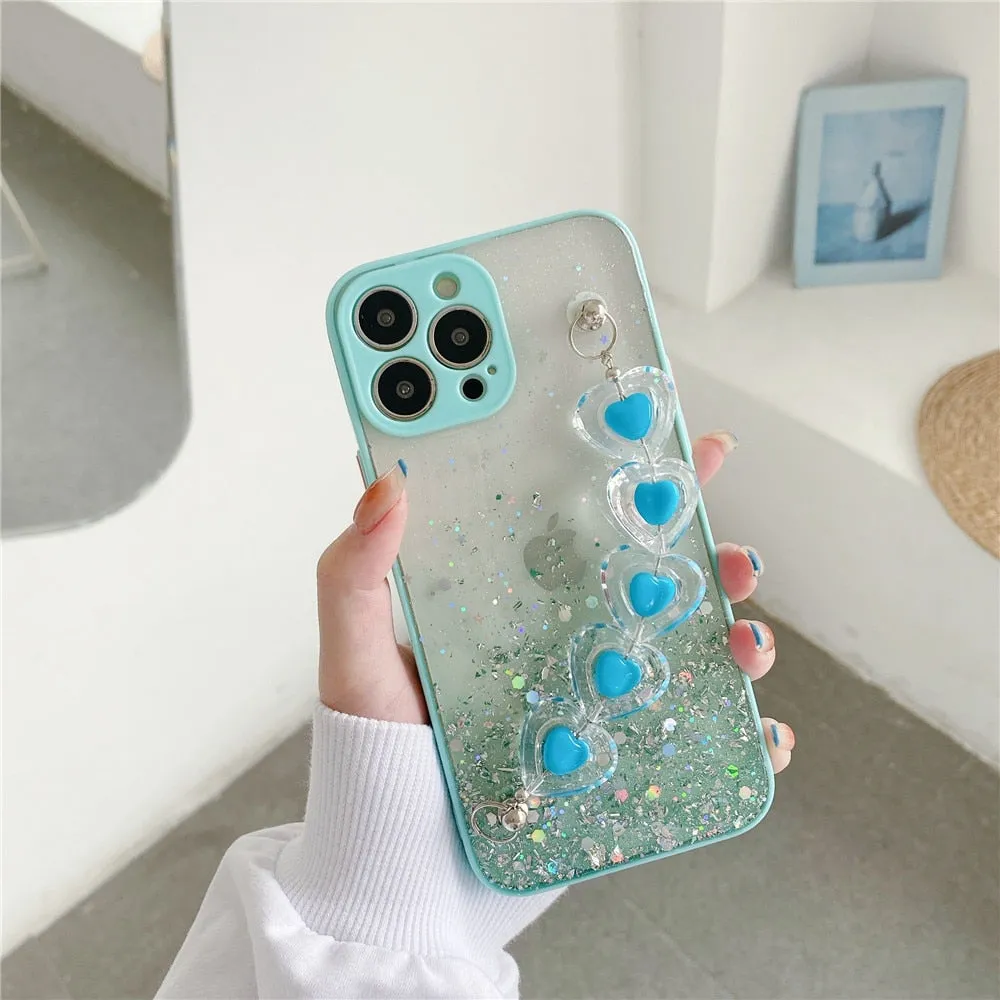 Anymob iPhone Blue Crystal Heart Bracelet Phone Chain Case Glitter Soft Cover