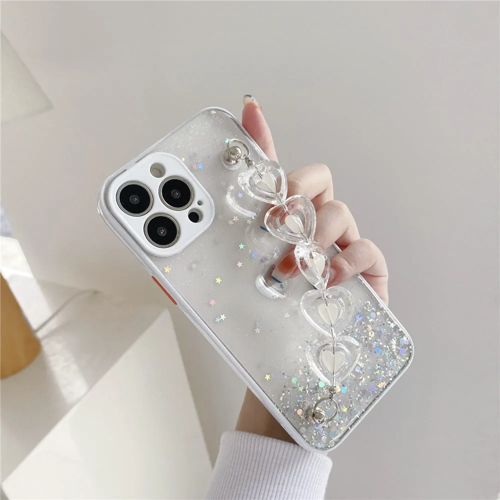Anymob iPhone Blue Crystal Heart Bracelet Phone Chain Case Glitter Soft Cover