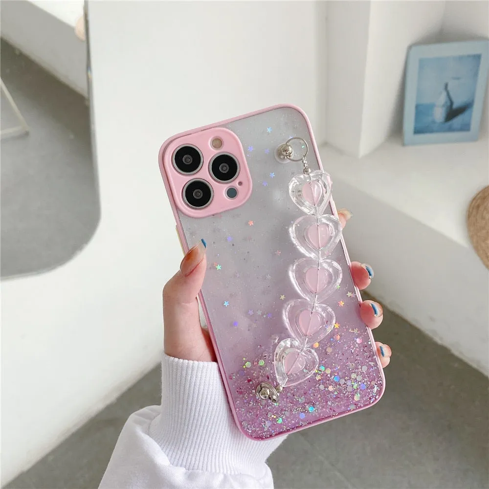 Anymob iPhone Blue Crystal Heart Bracelet Phone Chain Case Glitter Soft Cover