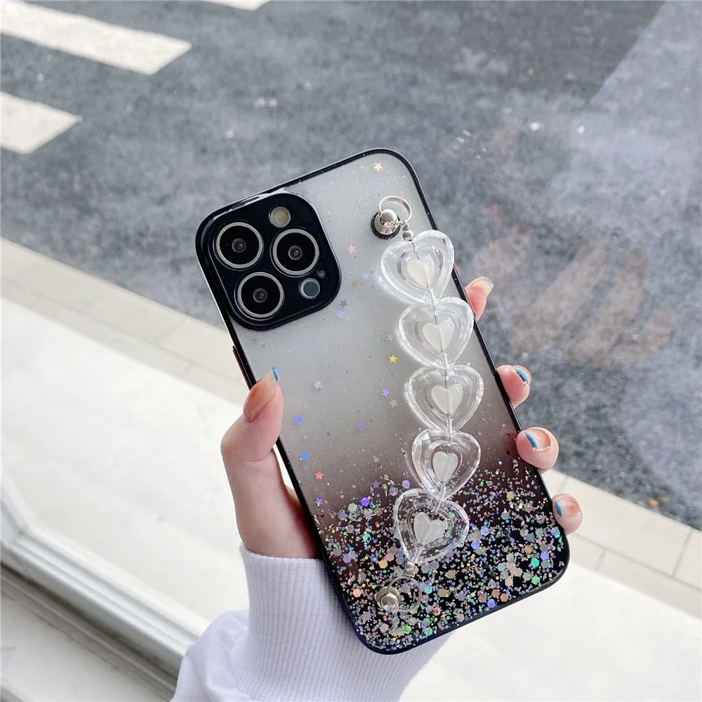 Anymob iPhone Blue Crystal Heart Bracelet Phone Chain Case Glitter Soft Cover