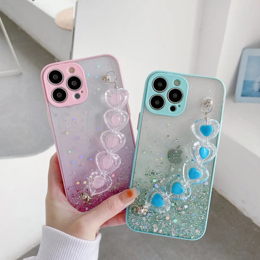 Anymob iPhone Blue Crystal Heart Bracelet Phone Chain Case Glitter Soft Cover