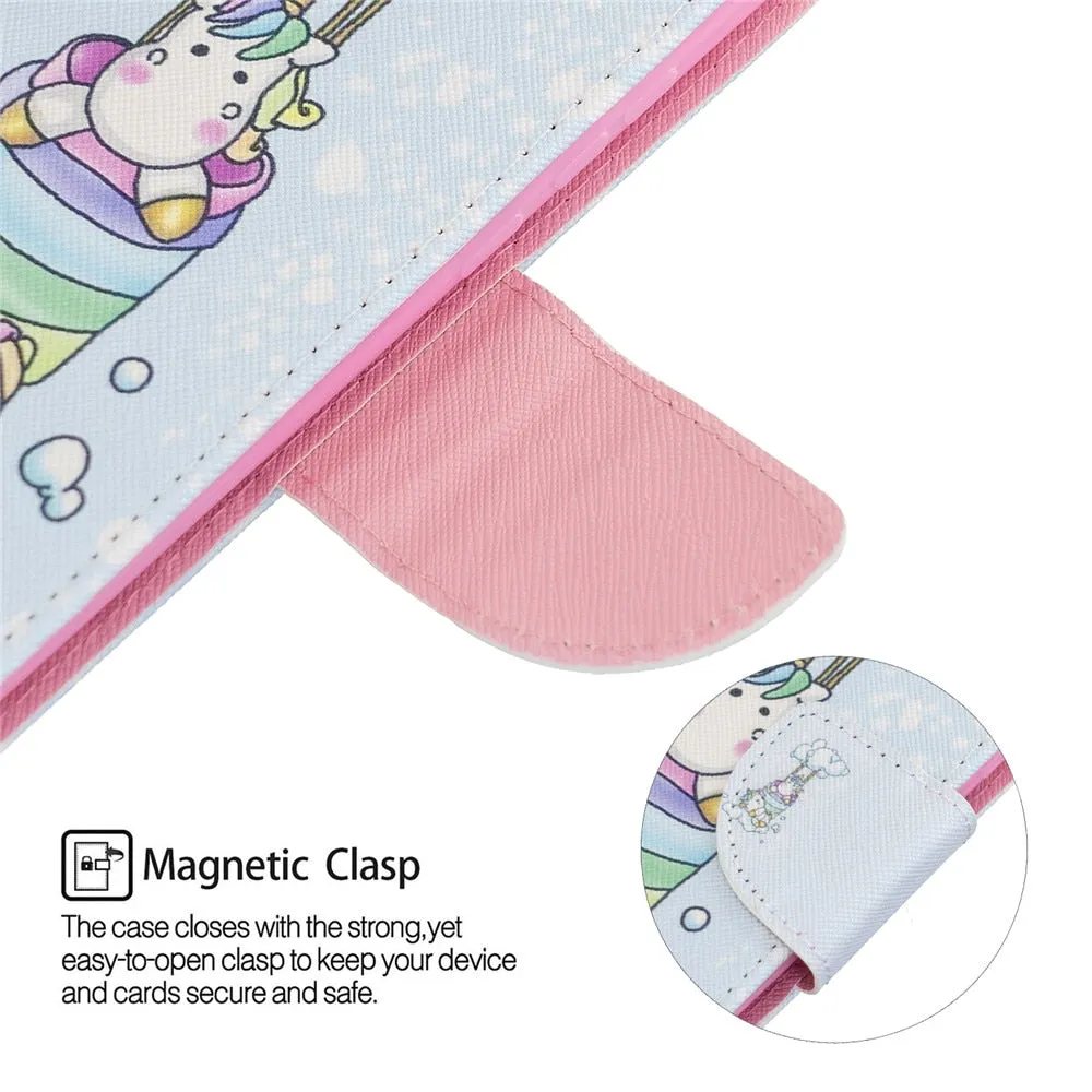 Anymob iPhone Case Blue Unicorn Painted Leather Magnetic Flip Wallet Cover Shell
