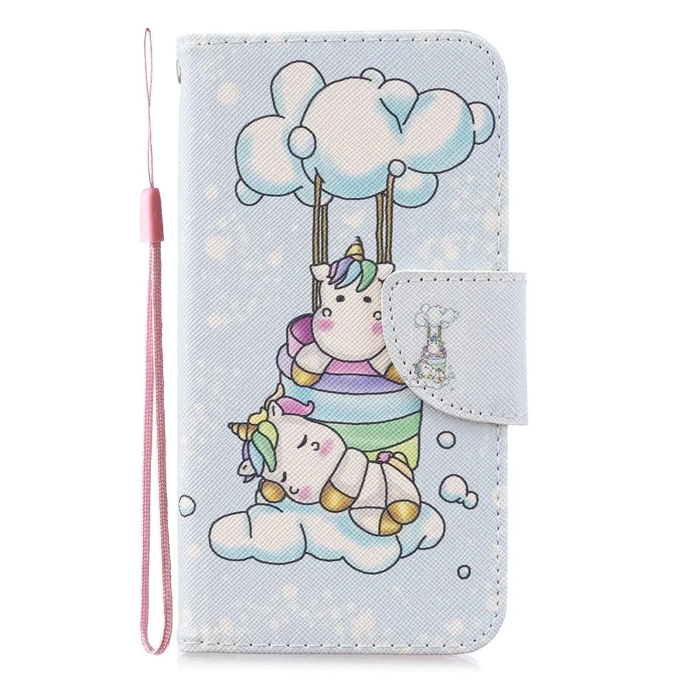Anymob iPhone Case Blue Unicorn Painted Leather Magnetic Flip Wallet Cover Shell