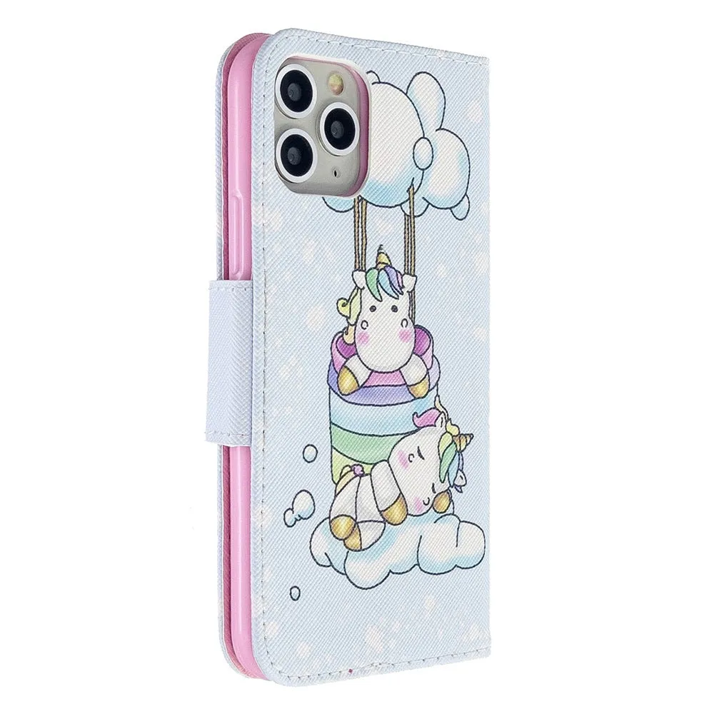 Anymob iPhone Case Blue Unicorn Painted Leather Magnetic Flip Wallet Cover Shell