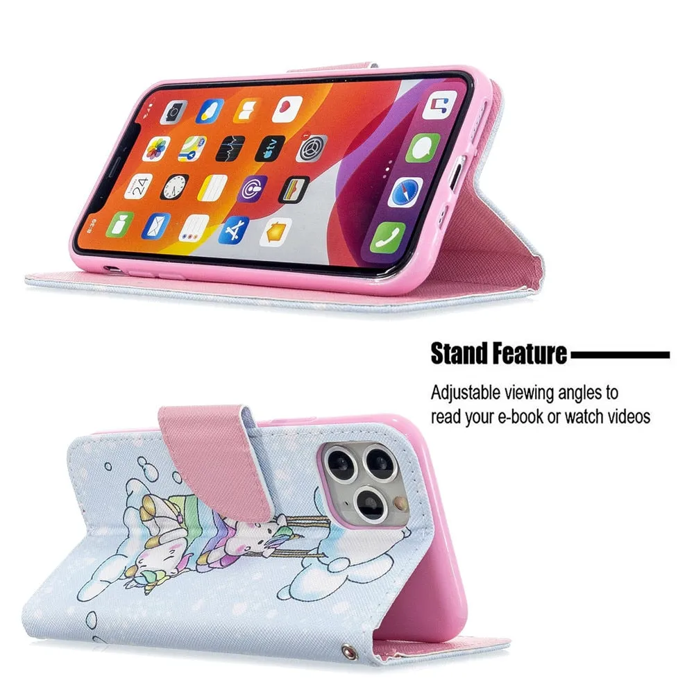 Anymob iPhone Case Blue Unicorn Painted Leather Magnetic Flip Wallet Cover Shell