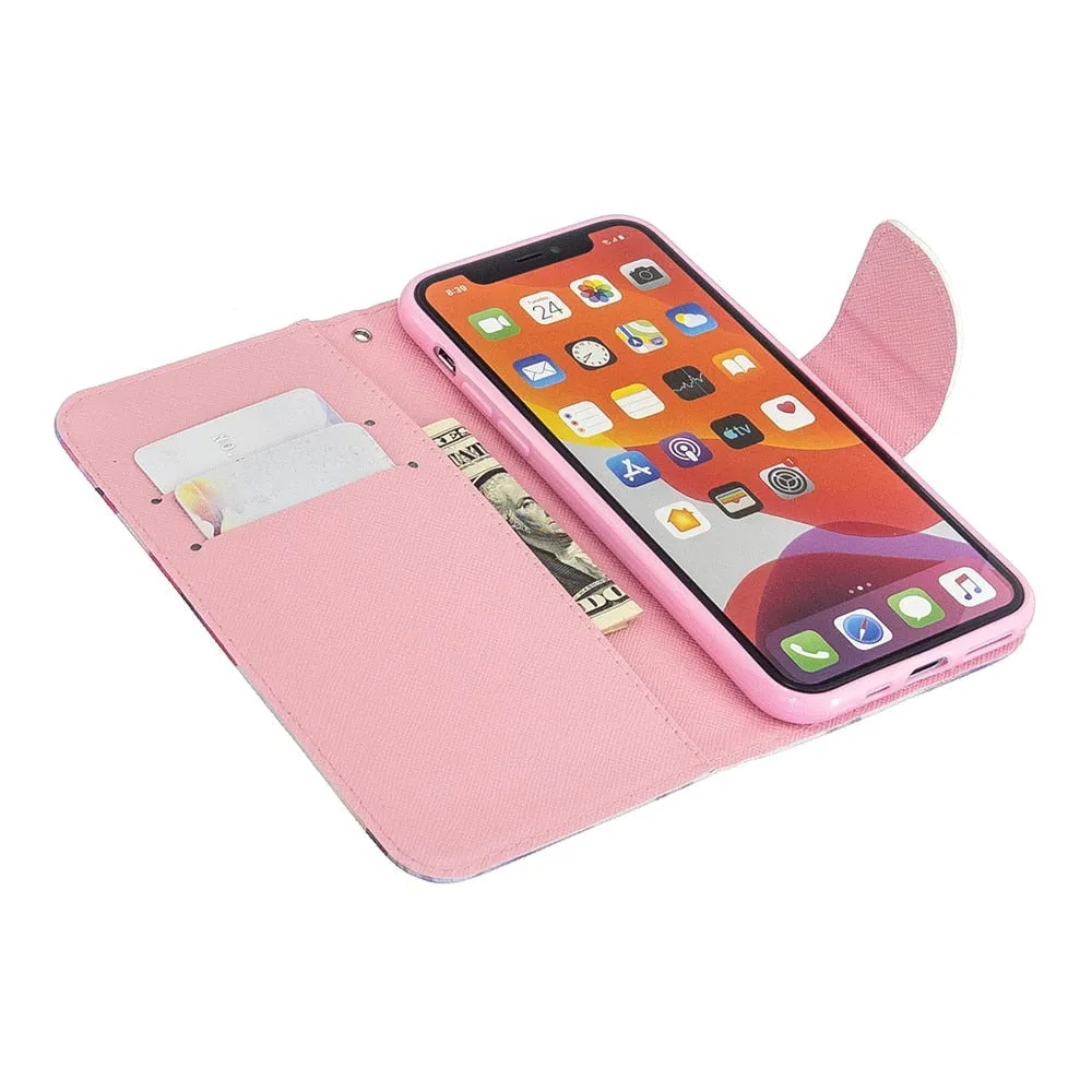 Anymob iPhone Case Blue Unicorn Painted Leather Magnetic Flip Wallet Cover Shell