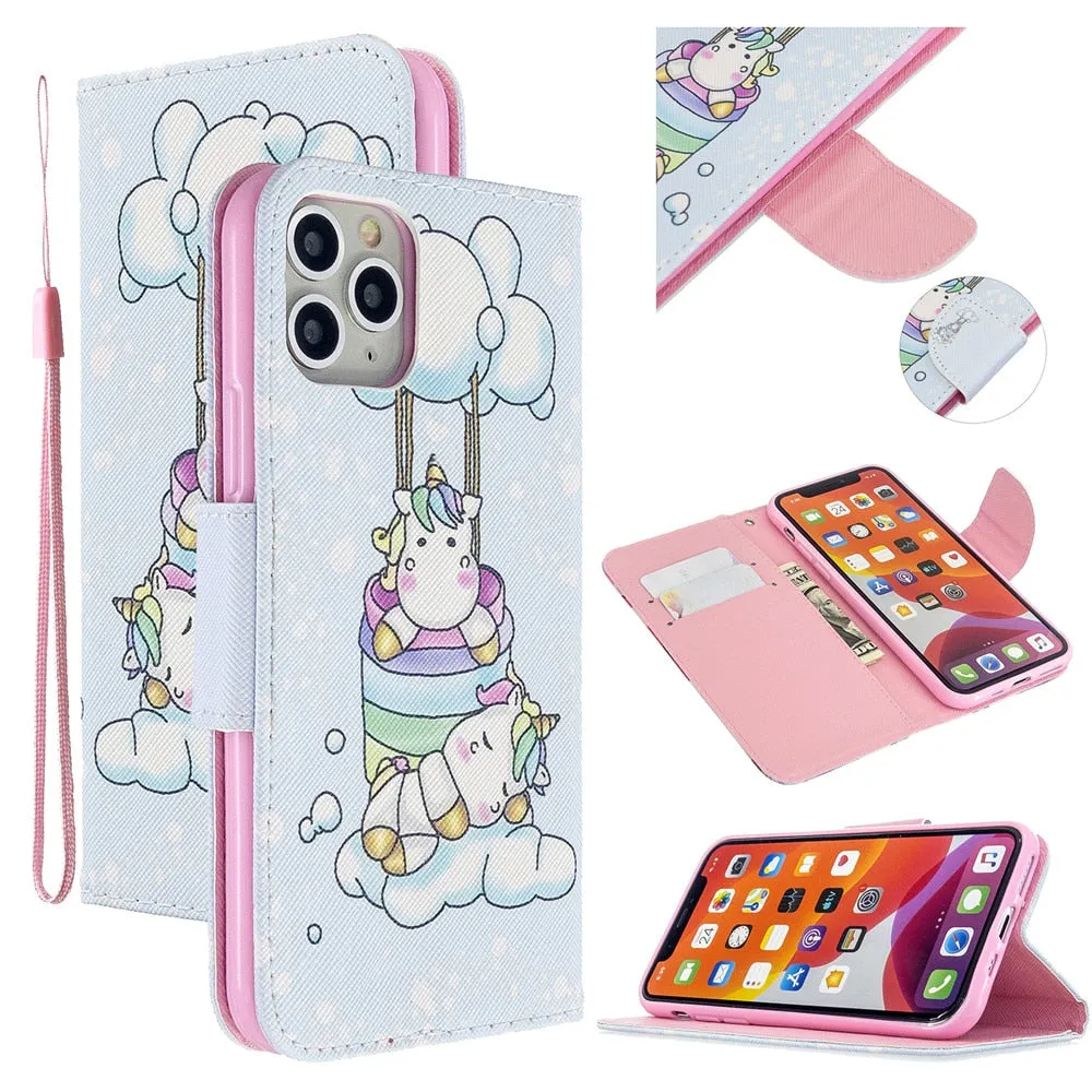 Anymob iPhone Case Blue Unicorn Painted Leather Magnetic Flip Wallet Cover Shell