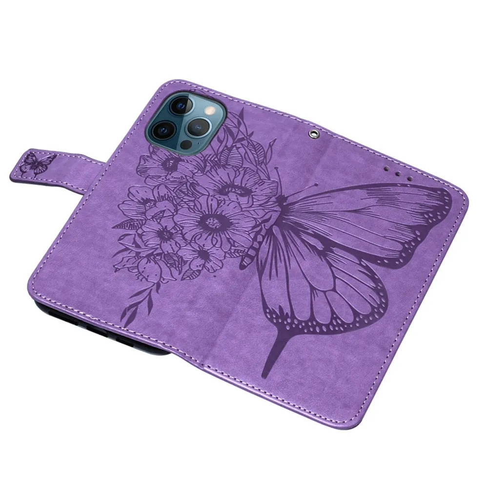 Anymob iPhone Case Ocean Blue Embossed Butterfly Flip Magnetic Wallet Leather Phone Cover