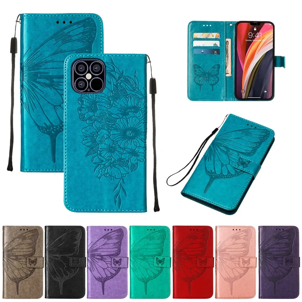 Anymob iPhone Case Ocean Blue Embossed Butterfly Flip Magnetic Wallet Leather Phone Cover