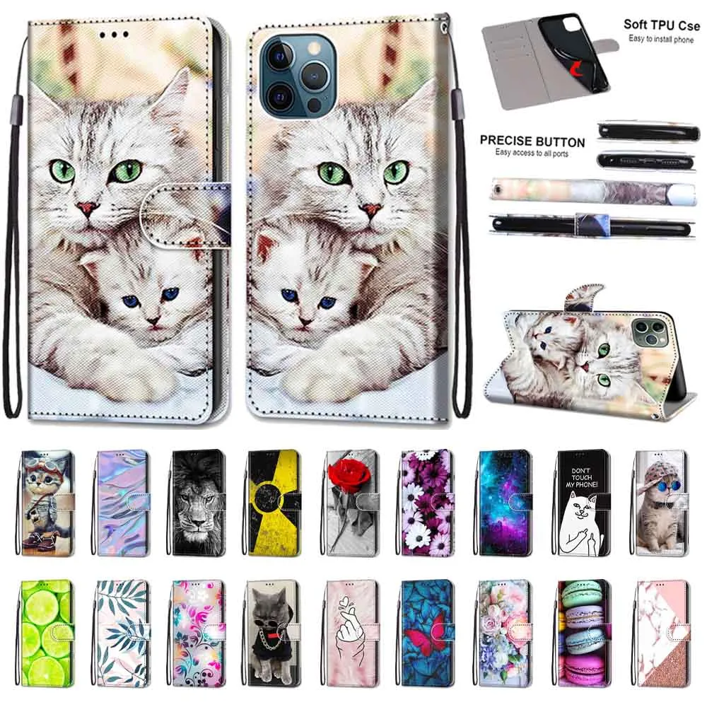 Anymob iPhone Case Pink And White Flip Leather Wallet Animal Painting Phone Book Style Cover