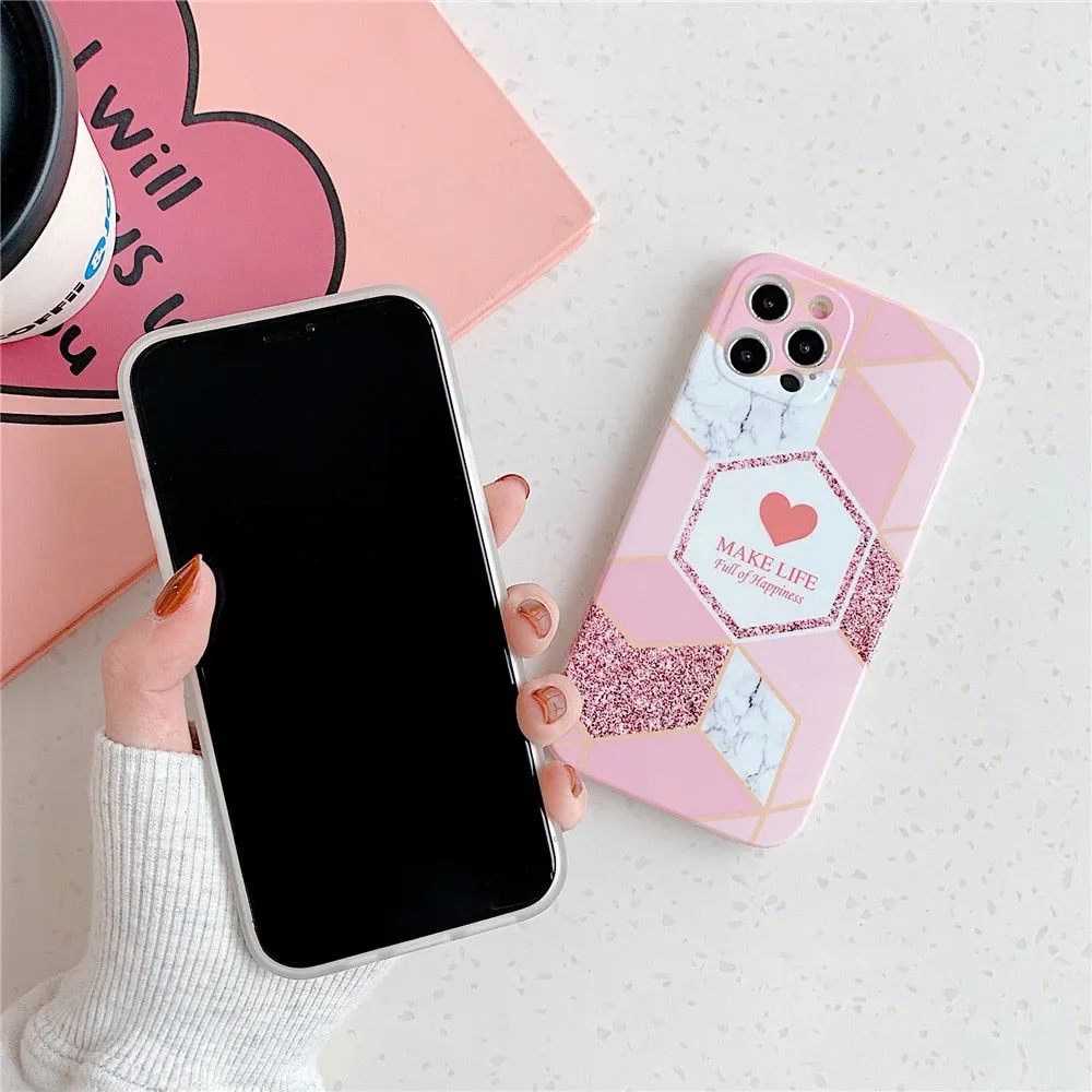 Anymob iPhone Green Geometric Love Heart Marble Phone Cases Silicone Shell Cover
