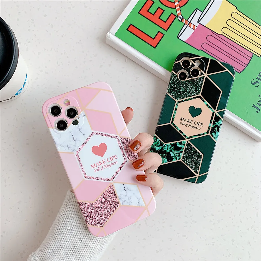 Anymob iPhone Green Geometric Love Heart Marble Phone Cases Silicone Shell Cover