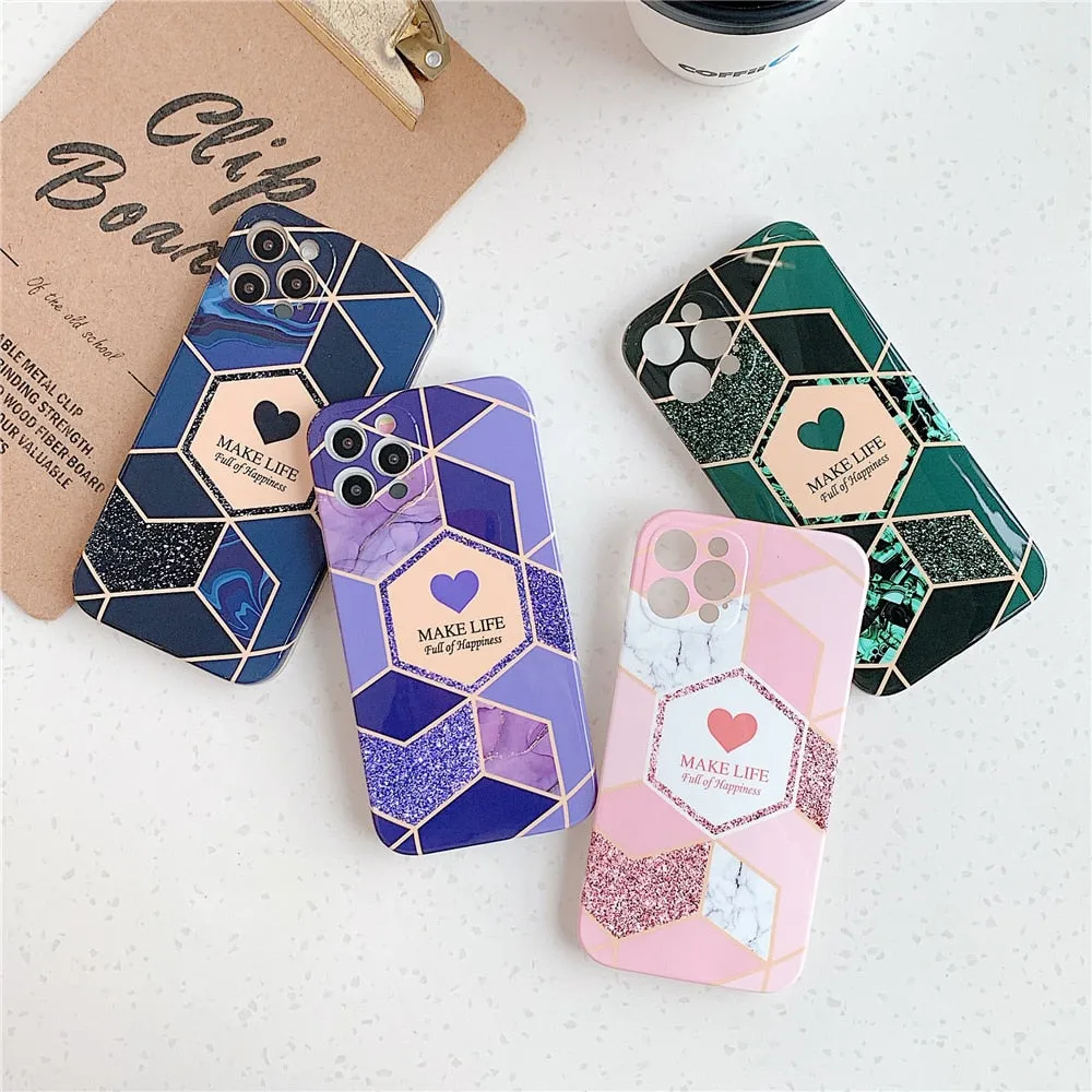 Anymob iPhone Green Geometric Love Heart Marble Phone Cases Silicone Shell Cover