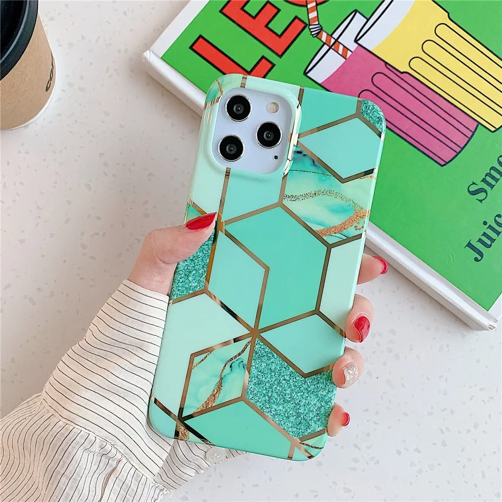 Anymob iPhone Green Glossy Marble Phone Case Silicone Shockproof Bumper Cover