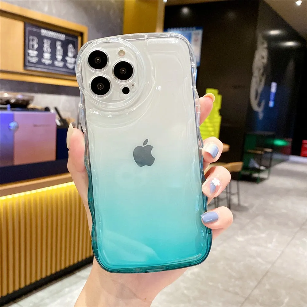 Anymob iPhone Ocean Blue Gradient Clear Curly Wave Case Shockproof Transparent Silicon Phone Cover