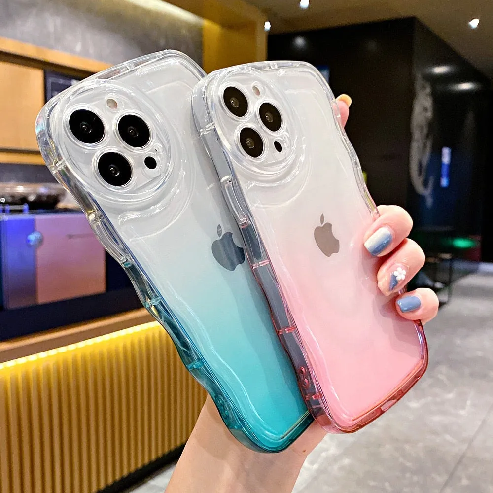 Anymob iPhone Ocean Blue Gradient Clear Curly Wave Case Shockproof Transparent Silicon Phone Cover