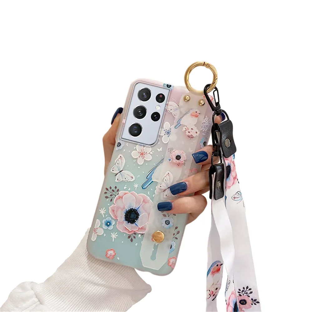 Anymob Samsung Buttery And Cherry Blossom Soft Silicone Case Flowers Neck Lanyard Wristband Holder Cover