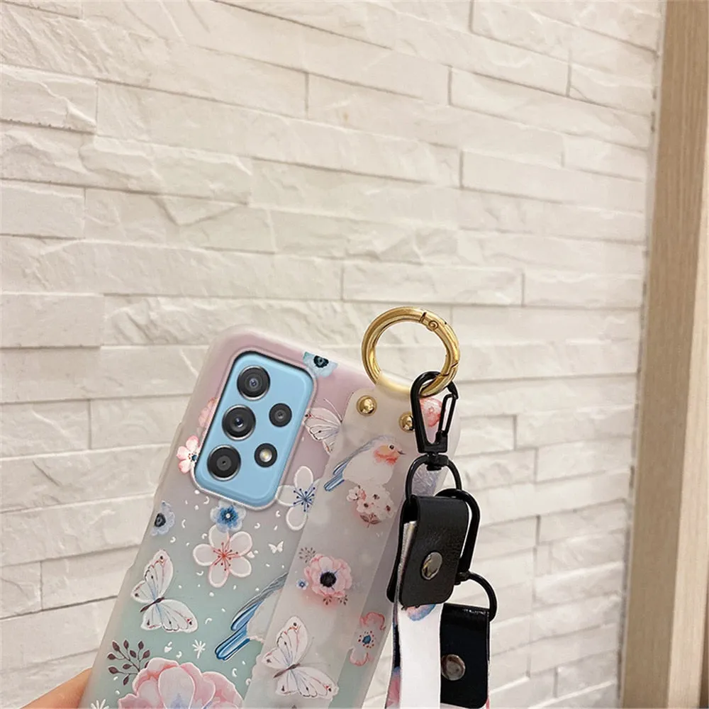 Anymob Samsung Buttery And Cherry Blossom Soft Silicone Case Flowers Neck Lanyard Wristband Holder Cover