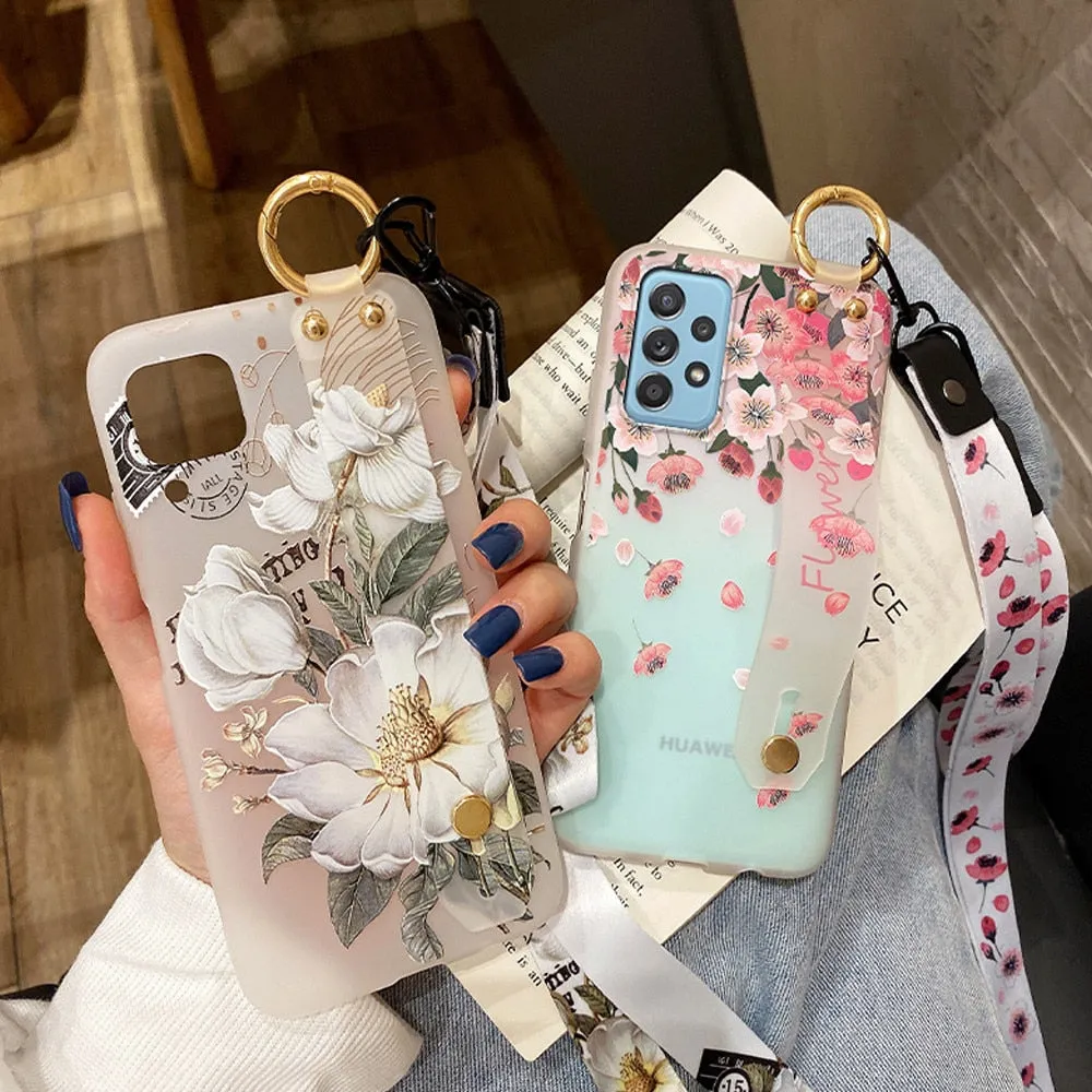 Anymob Samsung Buttery And Cherry Blossom Soft Silicone Case Flowers Neck Lanyard Wristband Holder Cover