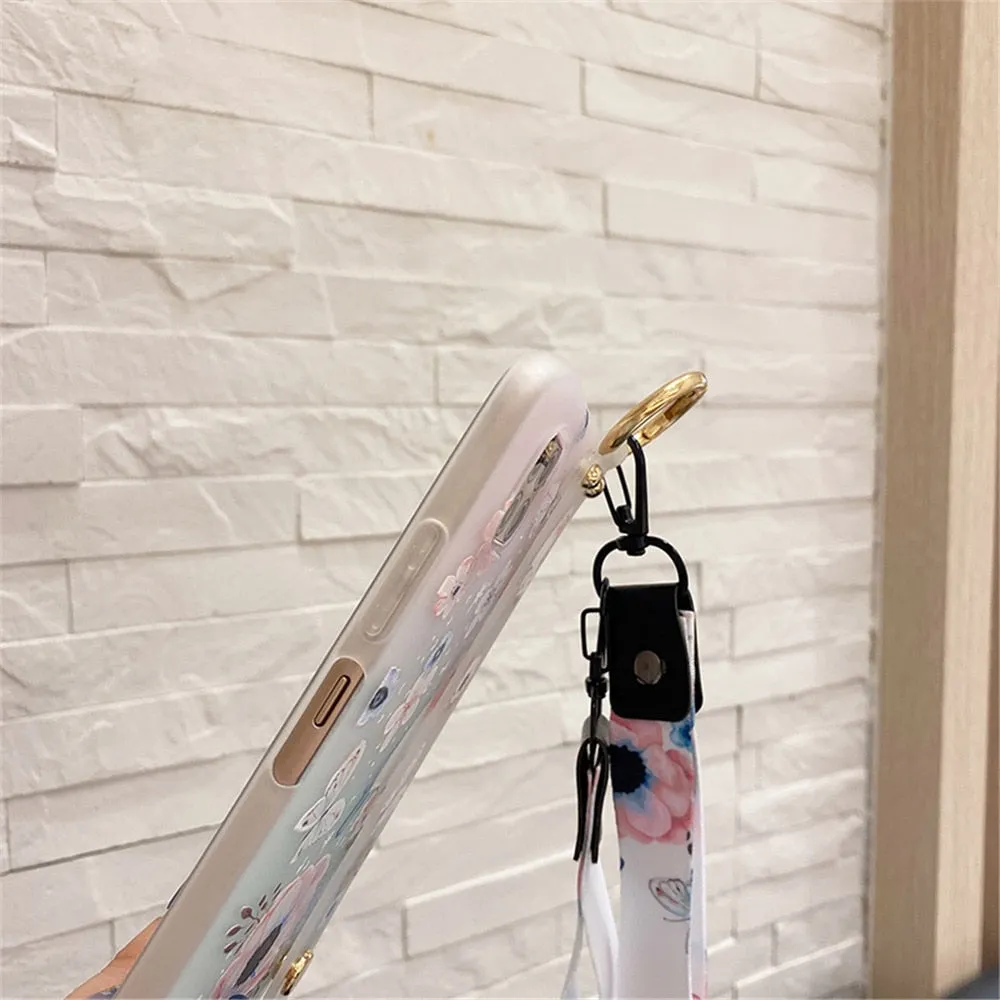 Anymob Samsung Buttery And Cherry Blossom Soft Silicone Case Flowers Neck Lanyard Wristband Holder Cover