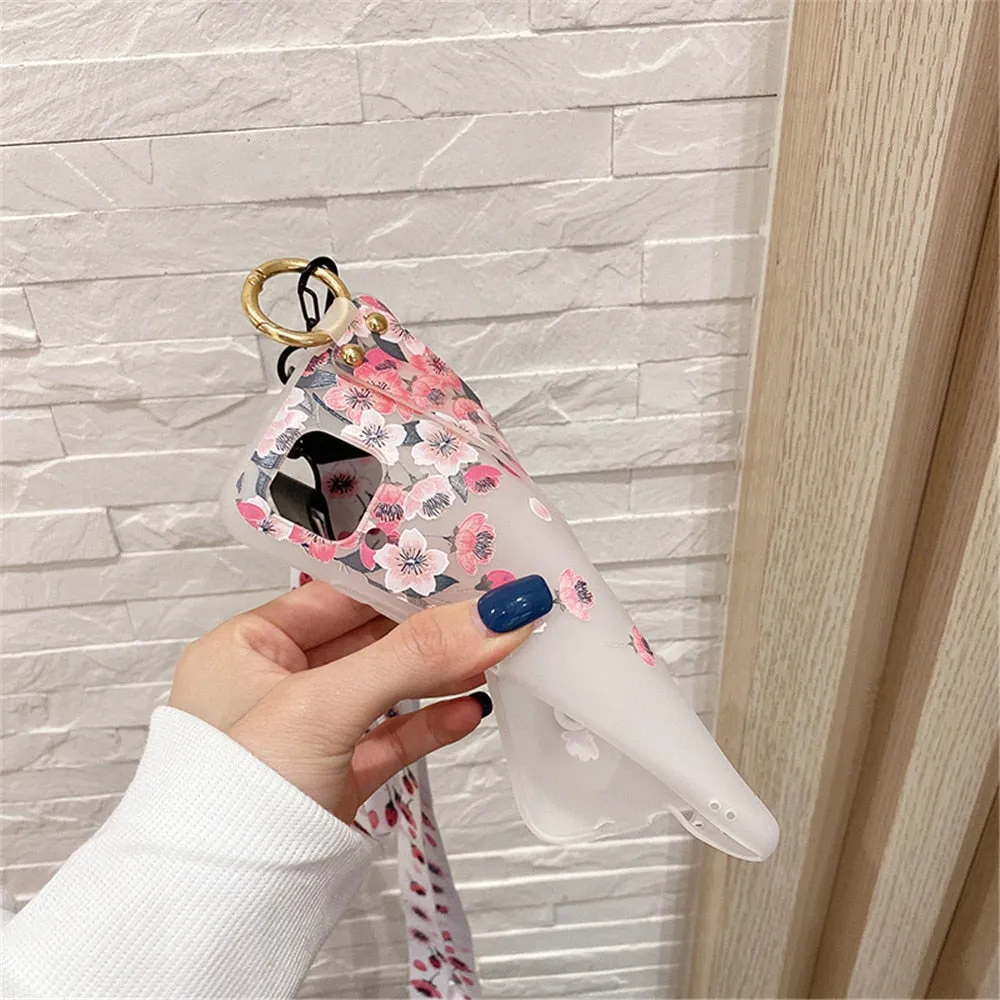 Anymob Samsung Buttery And Cherry Blossom Soft Silicone Case Flowers Neck Lanyard Wristband Holder Cover