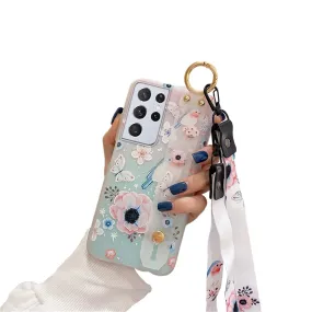 Anymob Samsung Buttery And Cherry Blossom Soft Silicone Case Flowers Neck Lanyard Wristband Holder Cover