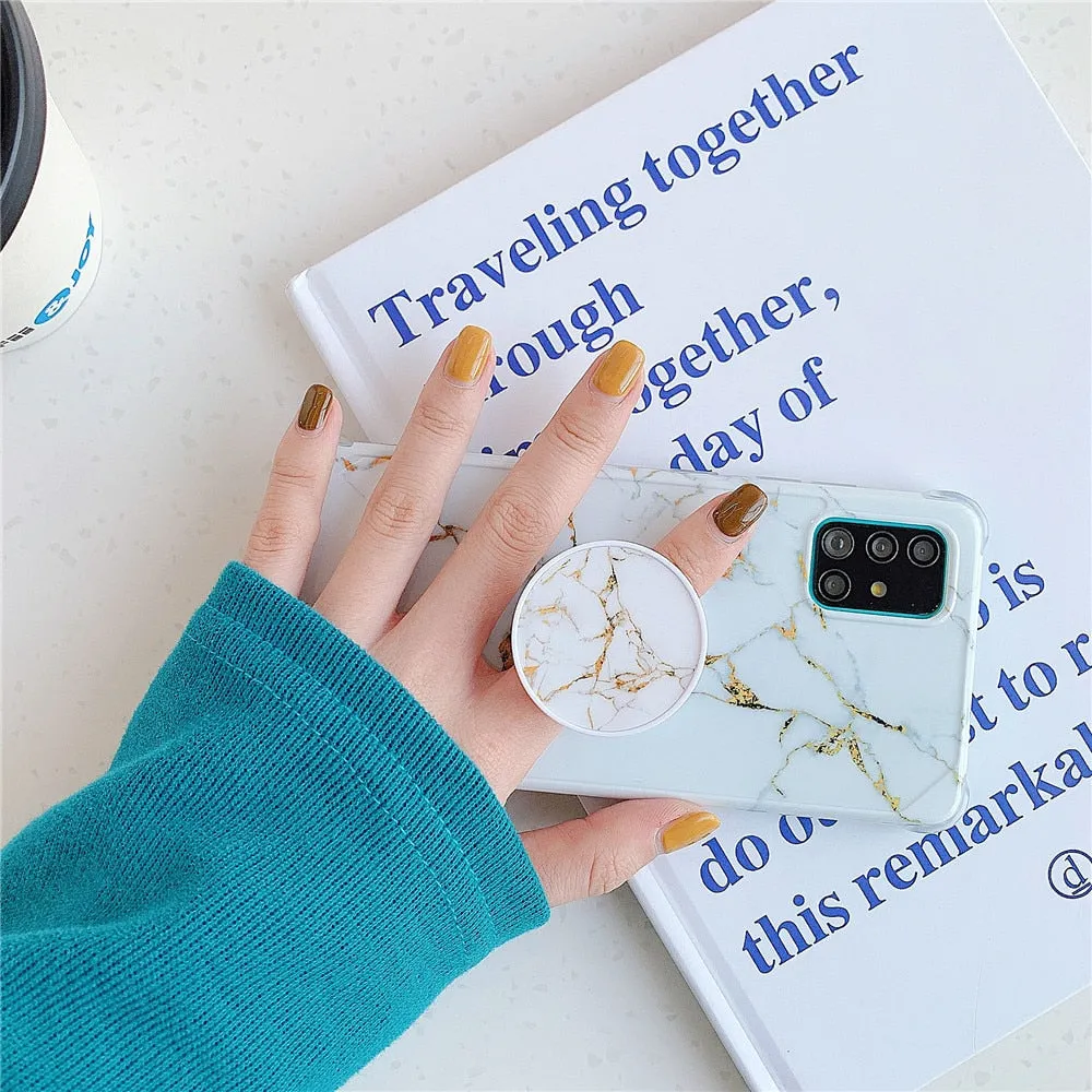 Anymob Samsung Case Black and Blue Marble With Finger Ring Holder Silicone Phone Cover