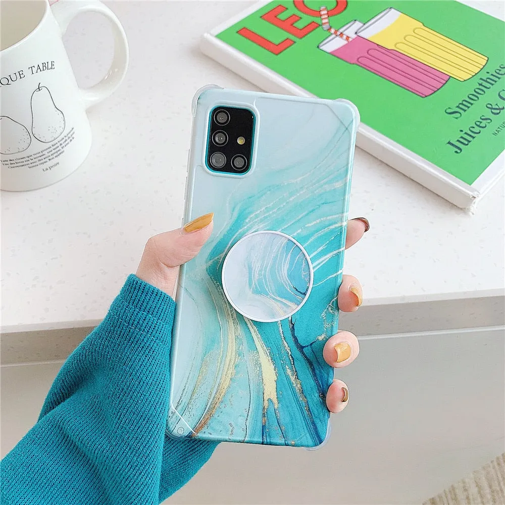 Anymob Samsung Case Ocean Blue Marble With Finger Ring Holder Silicone Phone Cover