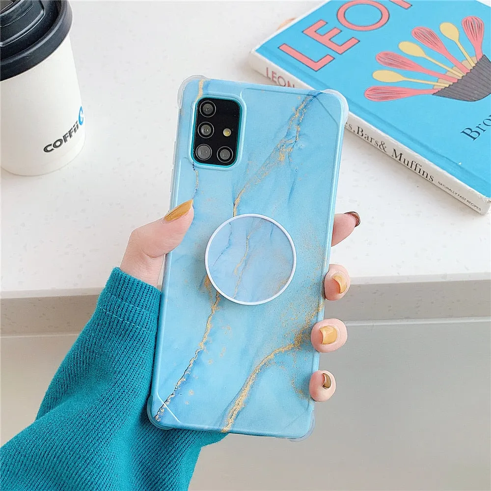 Anymob Samsung Case Sky Blue Marble With Finger Ring Holder Silicone Phone Cover