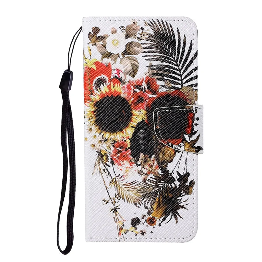 Anymob Samsung Flower Skull Pattern Phone Case Magnetic Flip Leather Wallet Painted Cover