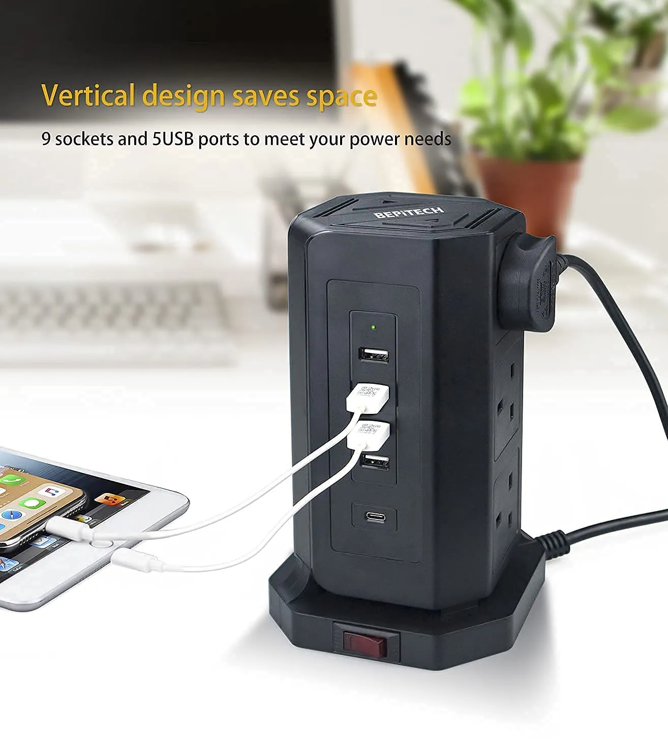 BEPITECH Tower Power Extension Lead 9 Outlets 2M Cord with Fast PD USB-C Slot (18W) & 4 USB Slots Surge Protection Multi-Plug Vertical Power Socket for Home/Office/Computer/Laptop/Phone/Tablets