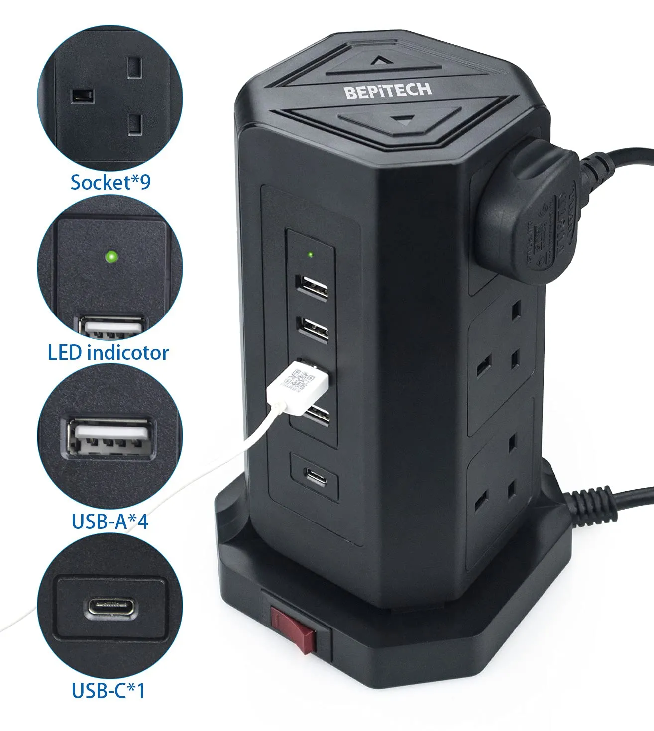 BEPITECH Tower Power Extension Lead 9 Outlets 2M Cord with Fast PD USB-C Slot (18W) & 4 USB Slots Surge Protection Multi-Plug Vertical Power Socket for Home/Office/Computer/Laptop/Phone/Tablets