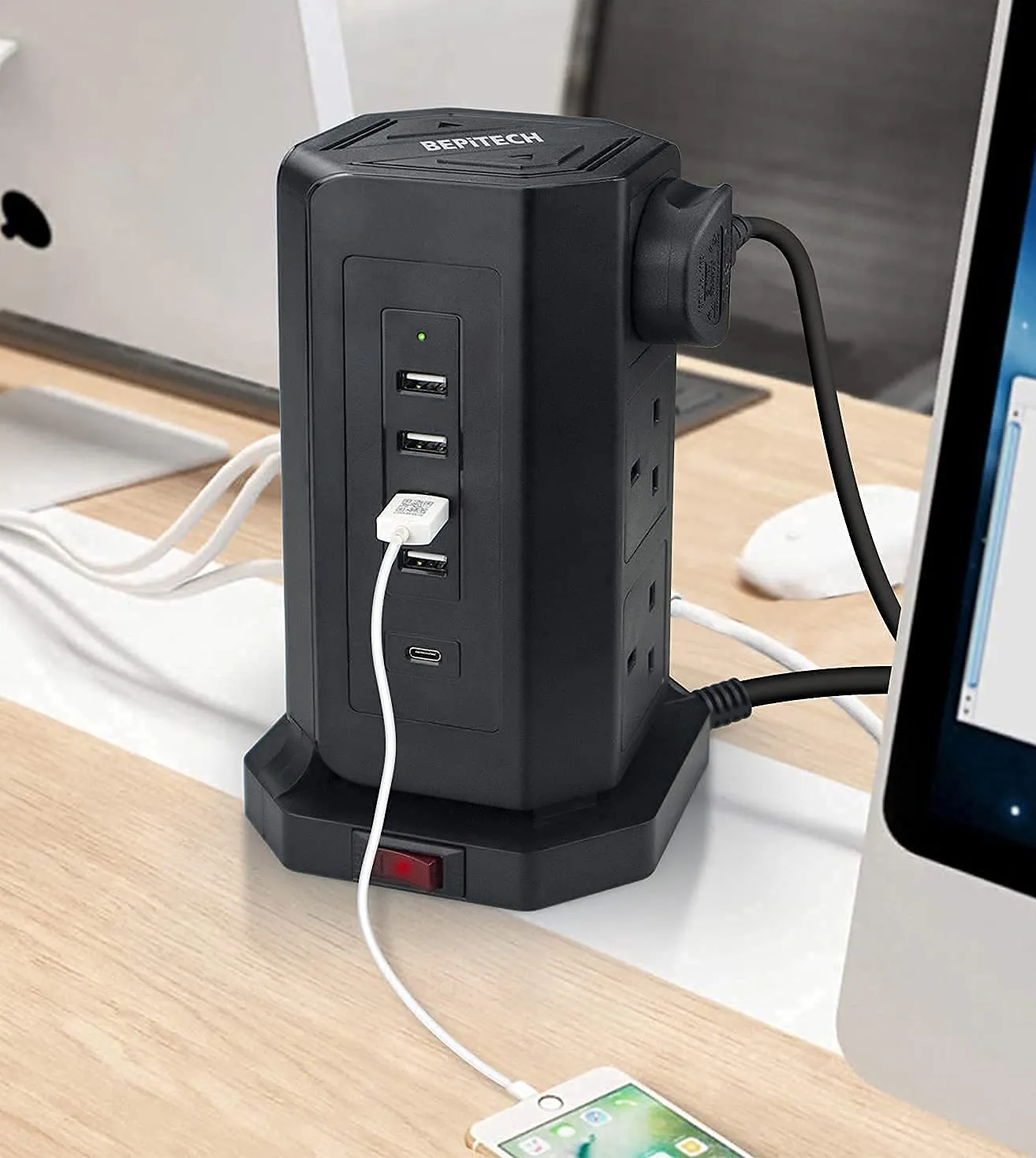 BEPITECH Tower Power Extension Lead 9 Outlets 2M Cord with Fast PD USB-C Slot (18W) & 4 USB Slots Surge Protection Multi-Plug Vertical Power Socket for Home/Office/Computer/Laptop/Phone/Tablets