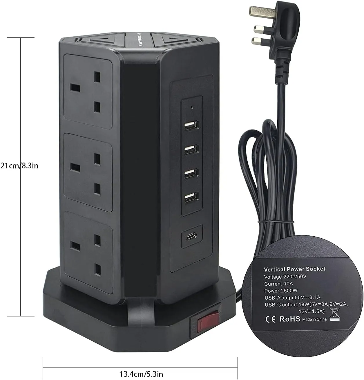 BEPITECH Tower Power Extension Lead 9 Outlets 2M Cord with Fast PD USB-C Slot (18W) & 4 USB Slots Surge Protection Multi-Plug Vertical Power Socket for Home/Office/Computer/Laptop/Phone/Tablets
