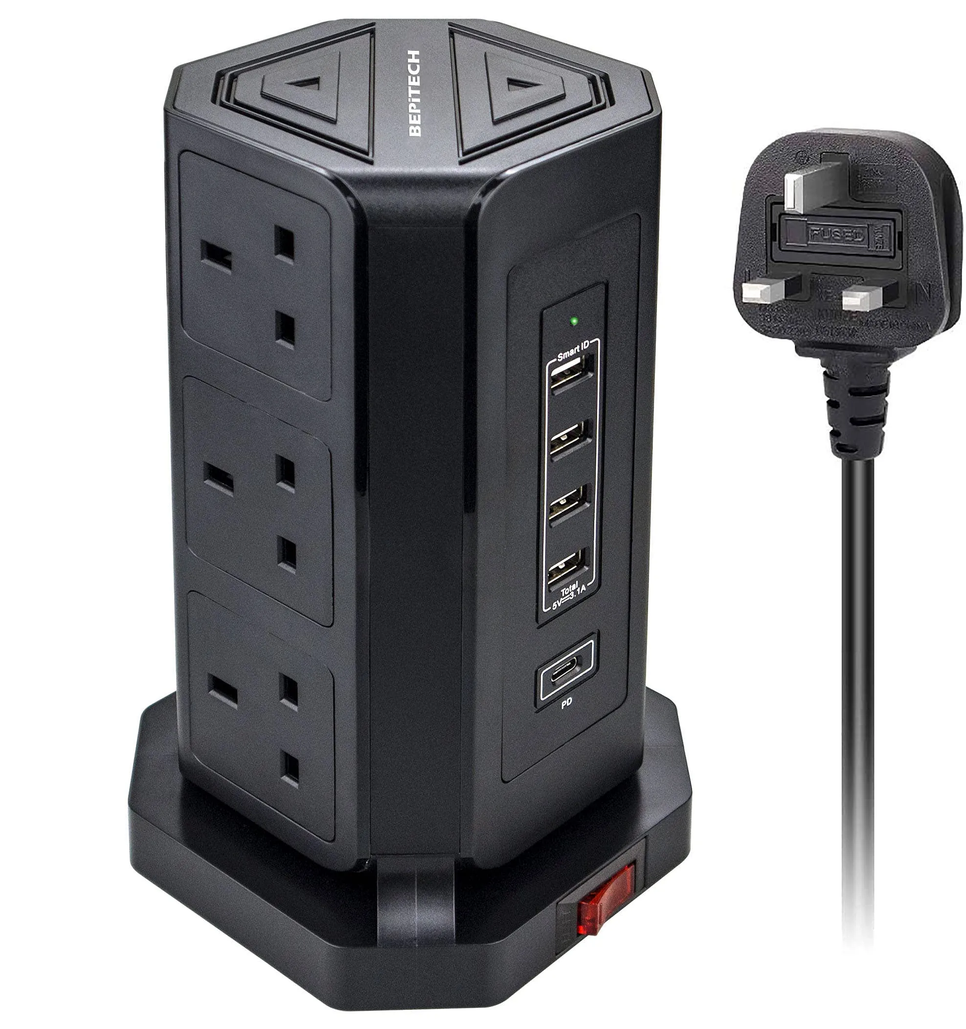 BEPITECH Tower Power Extension Lead 9 Outlets 2M Cord with Fast PD USB-C Slot (18W) & 4 USB Slots Surge Protection Multi-Plug Vertical Power Socket for Home/Office/Computer/Laptop/Phone/Tablets