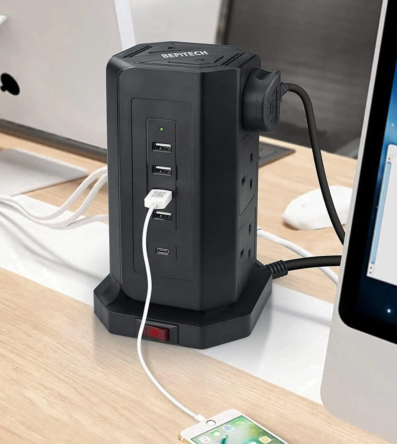 BEPITECH Tower Power Extension Lead 9 Outlets 2M Cord with Fast PD USB-C Slot (18W) & 4 USB Slots Surge Protection Multi-Plug Vertical Power Socket for Home/Office/Computer/Laptop/Phone/Tablets