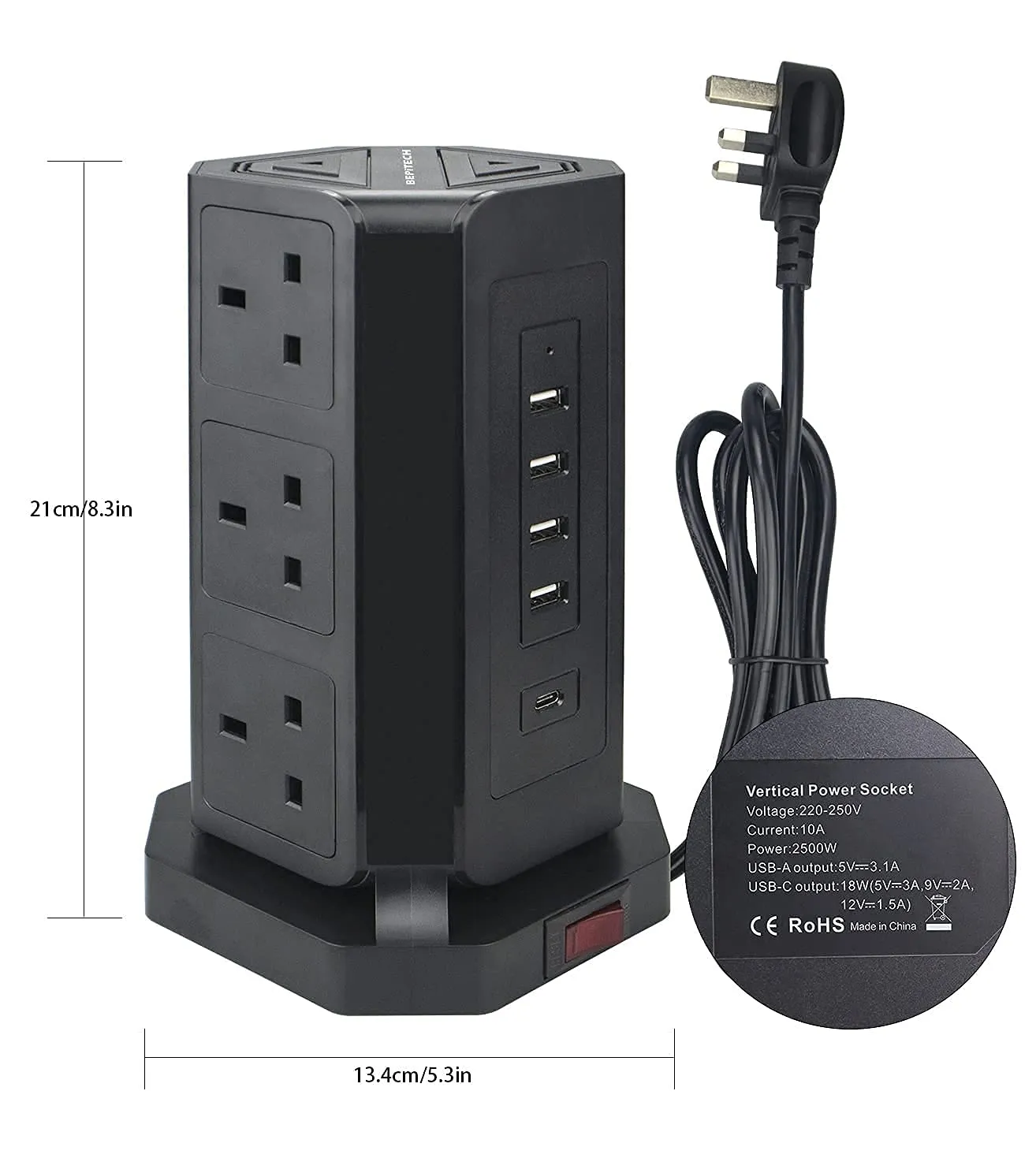 BEPITECH Tower Power Extension Lead 9 Outlets 2M Cord with Fast PD USB-C Slot (18W) & 4 USB Slots Surge Protection Multi-Plug Vertical Power Socket for Home/Office/Computer/Laptop/Phone/Tablets