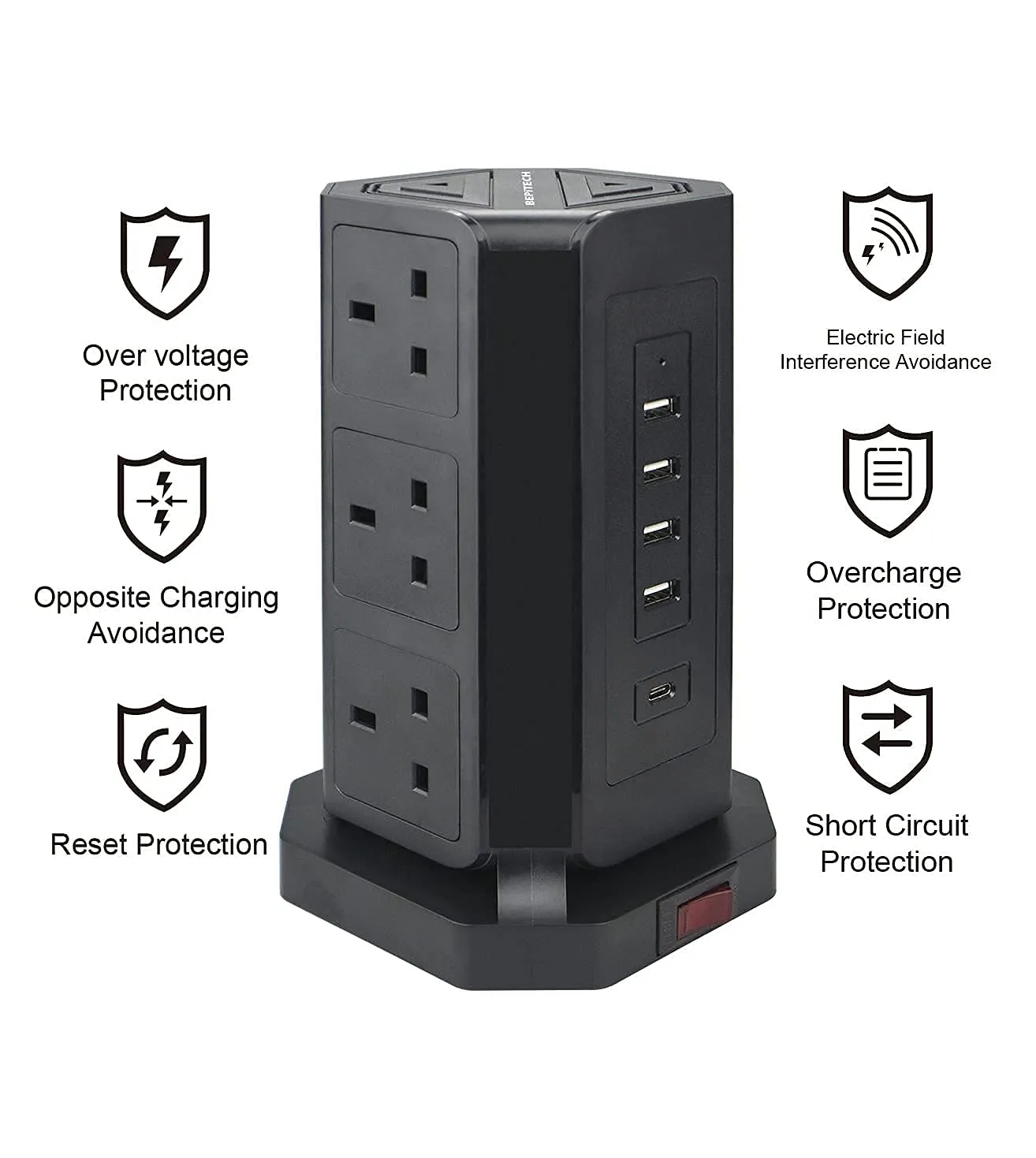 BEPITECH Tower Power Extension Lead 9 Outlets 2M Cord with Fast PD USB-C Slot (18W) & 4 USB Slots Surge Protection Multi-Plug Vertical Power Socket for Home/Office/Computer/Laptop/Phone/Tablets