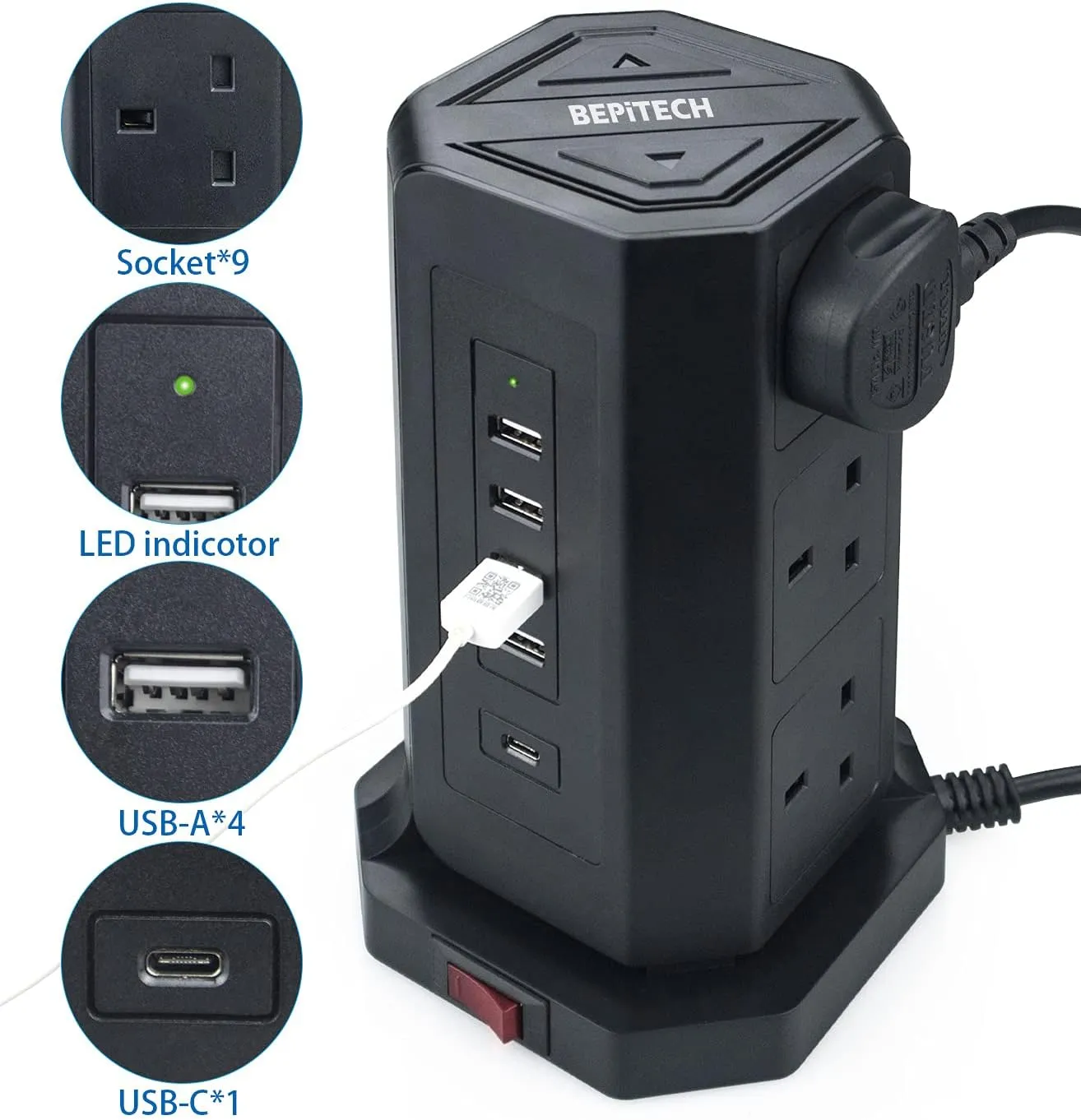 BEPITECH Tower Power Extension Lead 9 Outlets 2M Cord with Fast PD USB-C Slot (18W) & 4 USB Slots Surge Protection Multi-Plug Vertical Power Socket for Home/Office/Computer/Laptop/Phone/Tablets