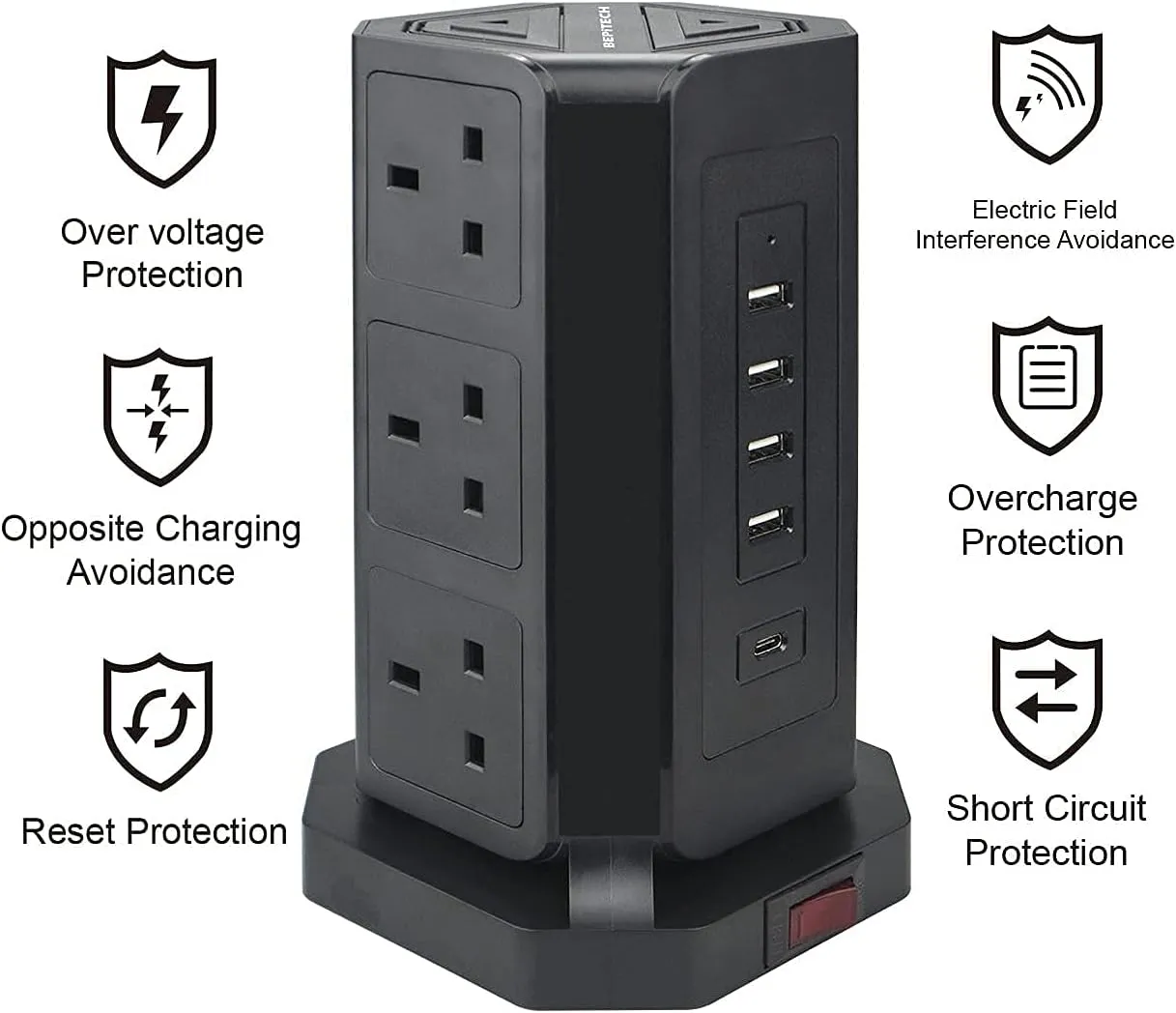 BEPITECH Tower Power Extension Lead 9 Outlets 2M Cord with Fast PD USB-C Slot (18W) & 4 USB Slots Surge Protection Multi-Plug Vertical Power Socket for Home/Office/Computer/Laptop/Phone/Tablets