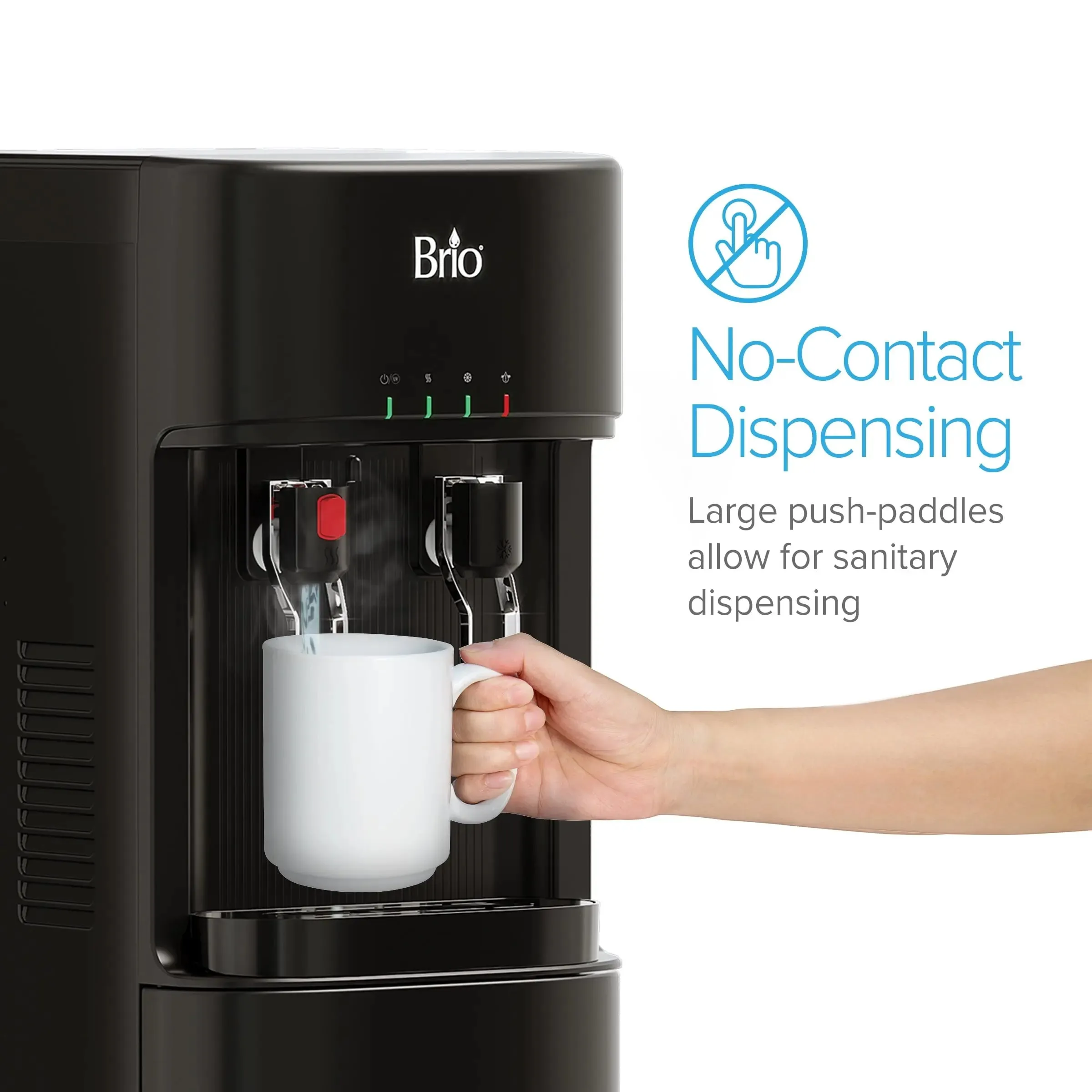 Brio Bottleless Water Dispenser with 3-Stage Filtration, Self-Cleaning, Paddle Dispensing, Hot & Cold, LED Indicator Lights, Black