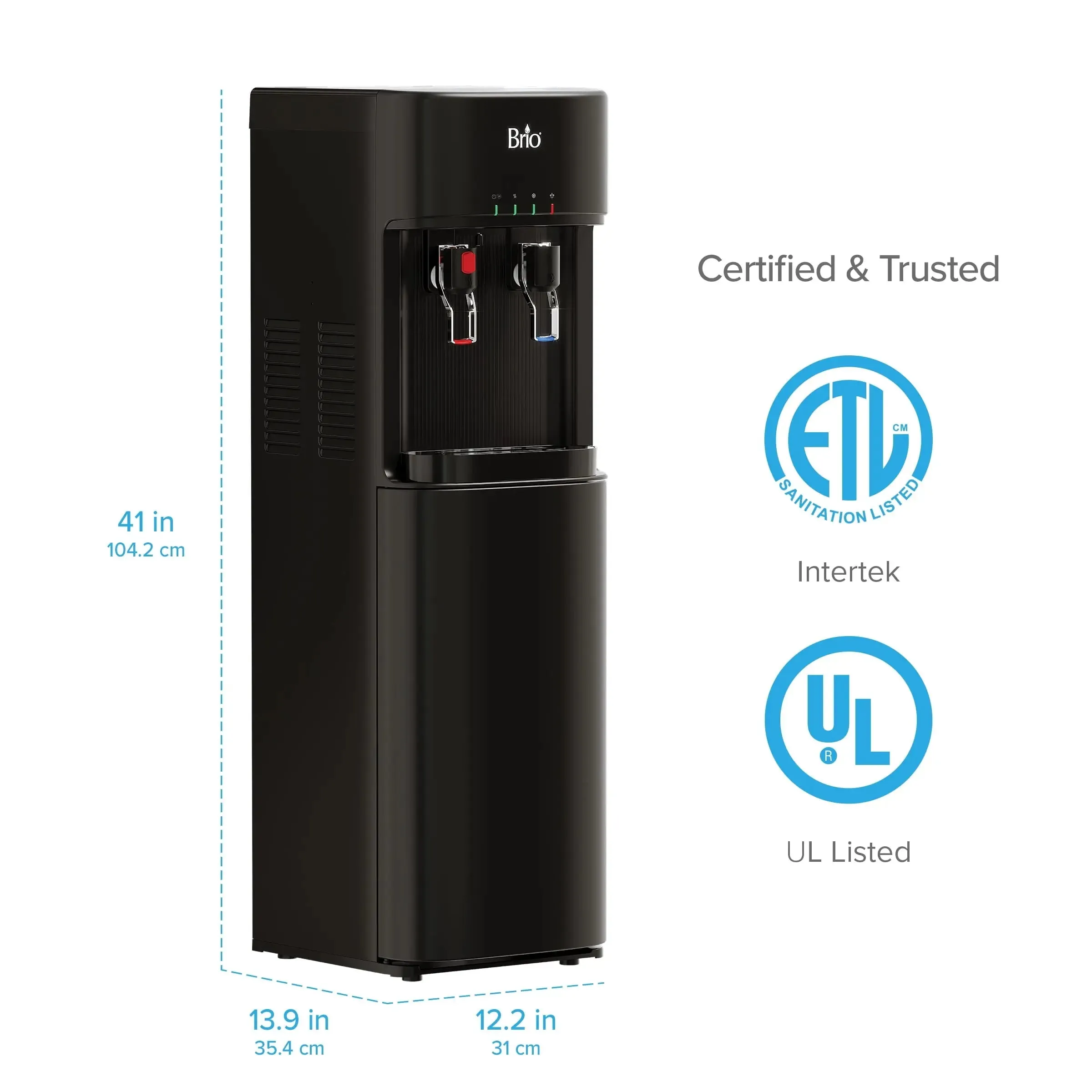 Brio Bottleless Water Dispenser with 3-Stage Filtration, Self-Cleaning, Paddle Dispensing, Hot & Cold, LED Indicator Lights, Black