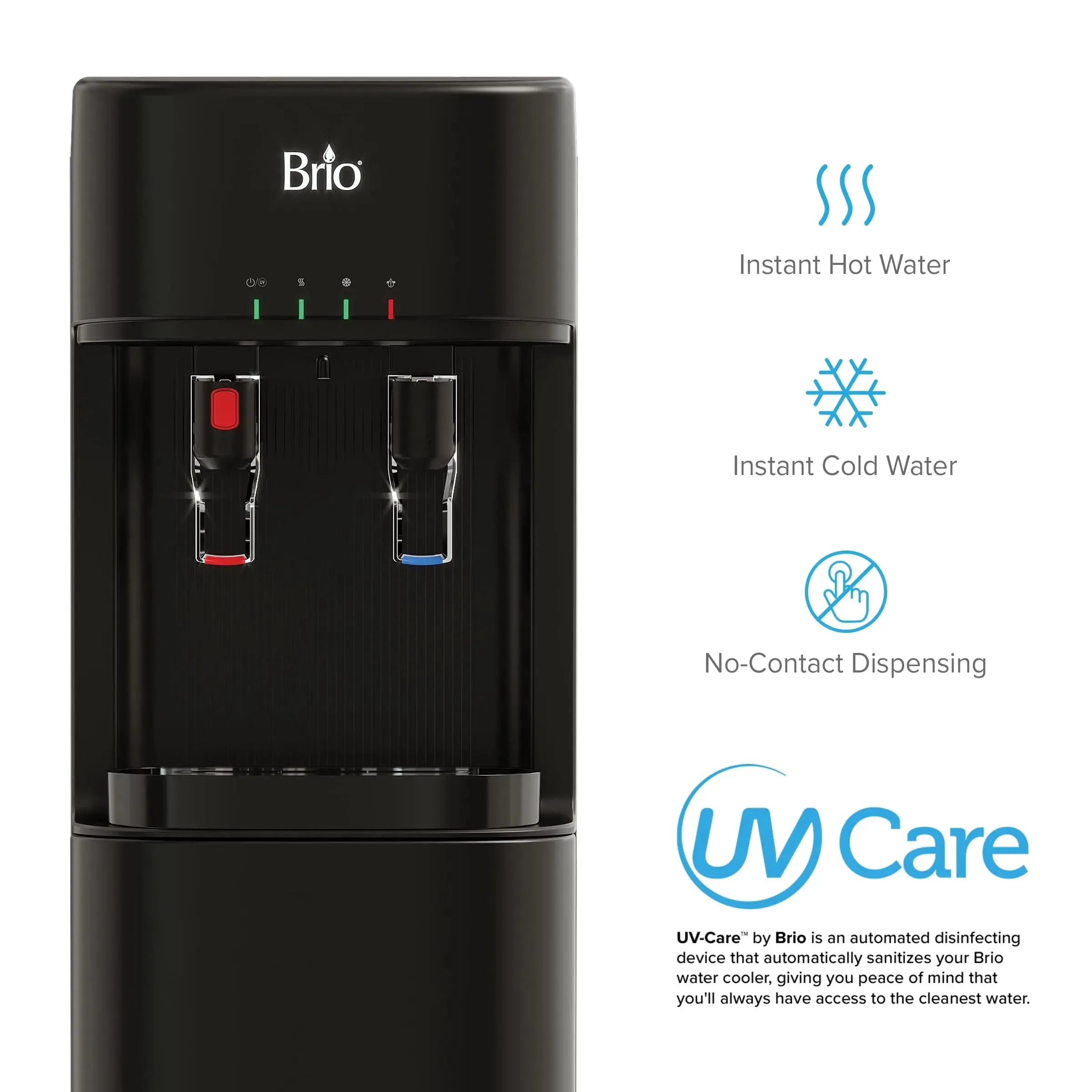 Brio Bottleless Water Dispenser with 3-Stage Filtration, Self-Cleaning, Paddle Dispensing, Hot & Cold, LED Indicator Lights, Black